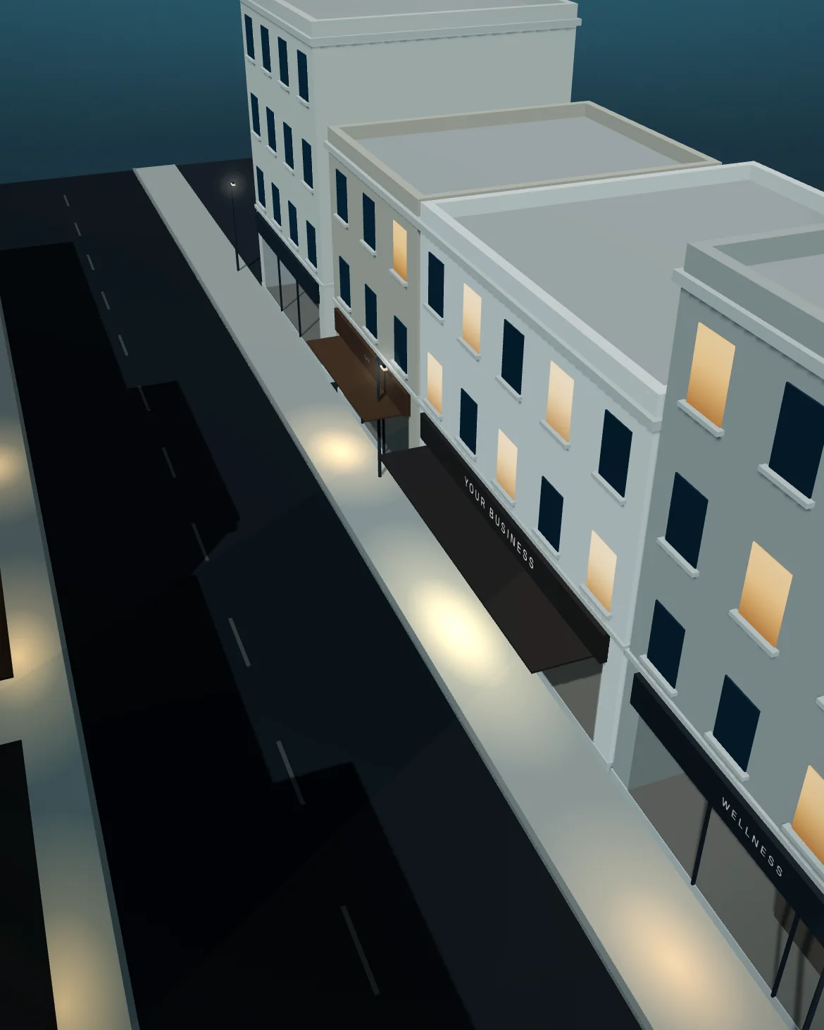 The block from above the street: two rows of storefronts, each lit from inside.