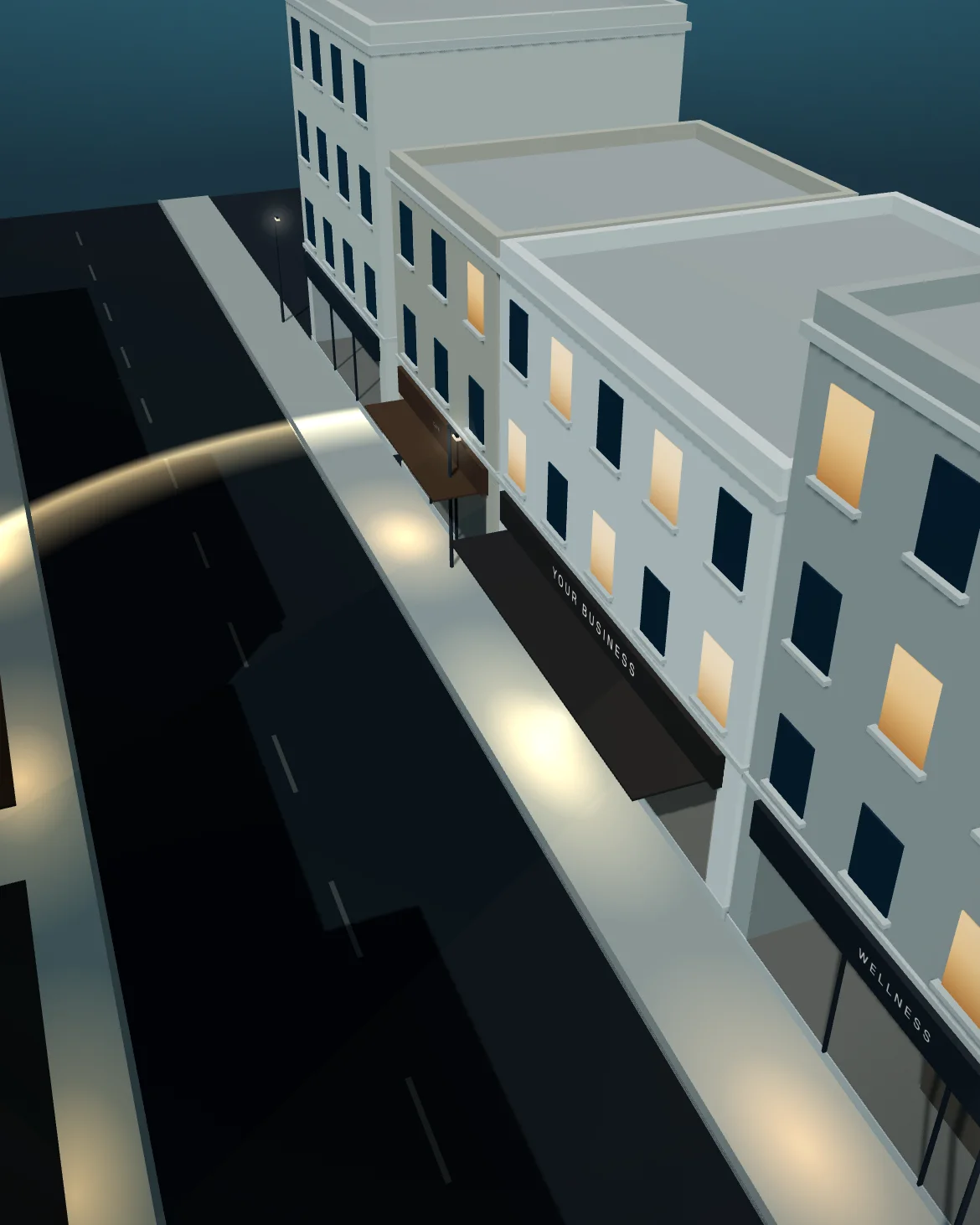The same block, with a ring of light spreading across the street from Your Business; the counter screens it reaches switch on.
