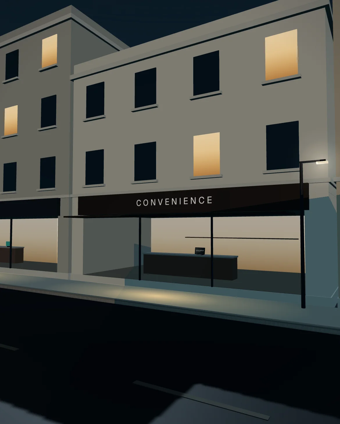 Across the street from Your Business at blue hour: the convenience store, the gym and the restaurant, each lit from inside, each with its own counter.